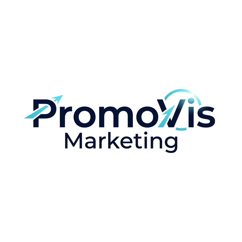 AI Design for A sophisticated and modern typographic logo for 'PromoVis Marketing'. The design features clean, minimalist sans-serif lettering with subtle geometric adjustments to the letterforms to imply motion and visibility. The color palette uses a professional combination of deep navy and electric cyan, set against a pristine white background with sharp, crisp edges and high-end vector aesthetics.