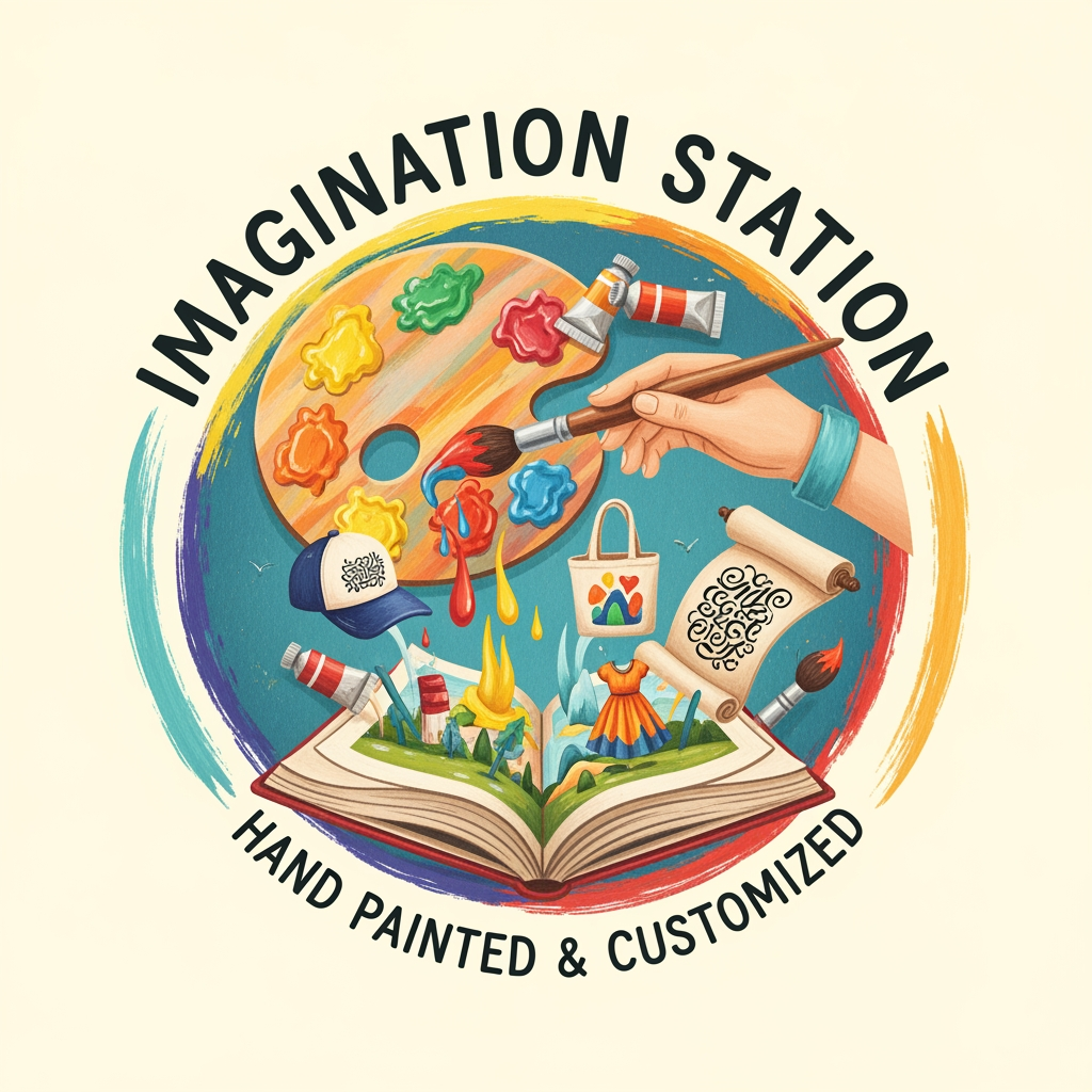 AI Design for logo related to hand painted items brand like cloth caps wallart. my brand name is imagination station . it is related to customized theme hand painted items like dress , bags , caps and canvas calligraphy wall artb