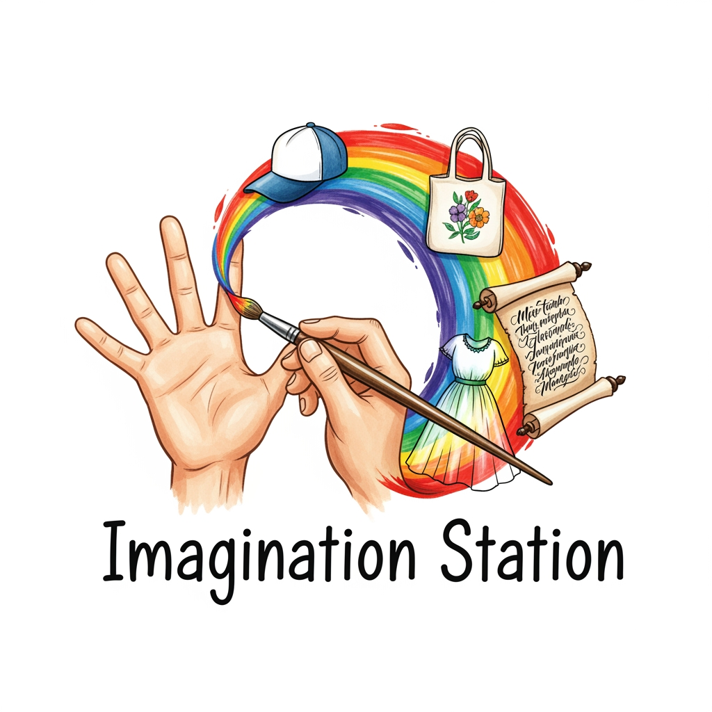 AI Design for logo related to hand painted items brand like cloth caps wallart. my brand name is imagination station . it is related to customized theme hand painted items like dress , bags , caps and canvas calligraphy wall art.