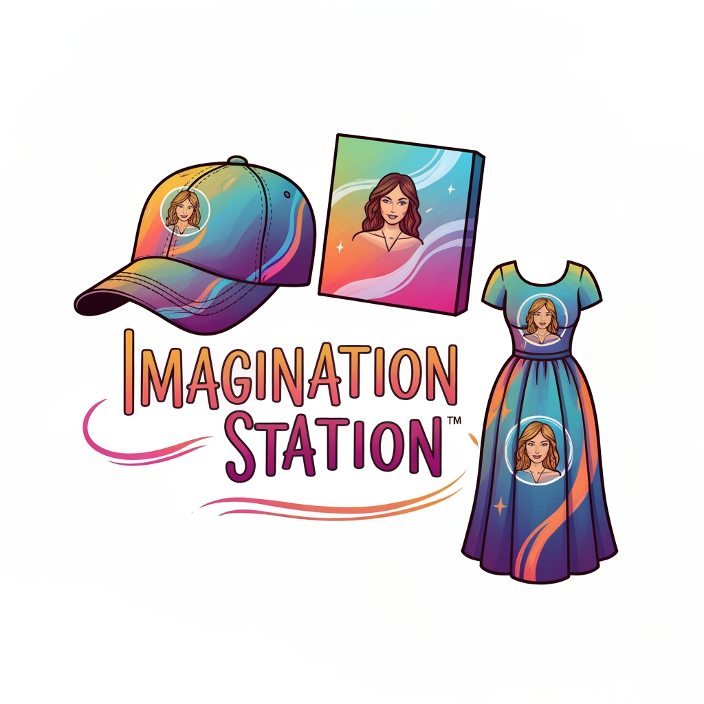 AI Design for logo related to hand painted items brand like cloth caps wallart. my brand name is imagination station . it is related to customized theme hand painted items like dress , bags , caps and canvas calligraphy wall art.