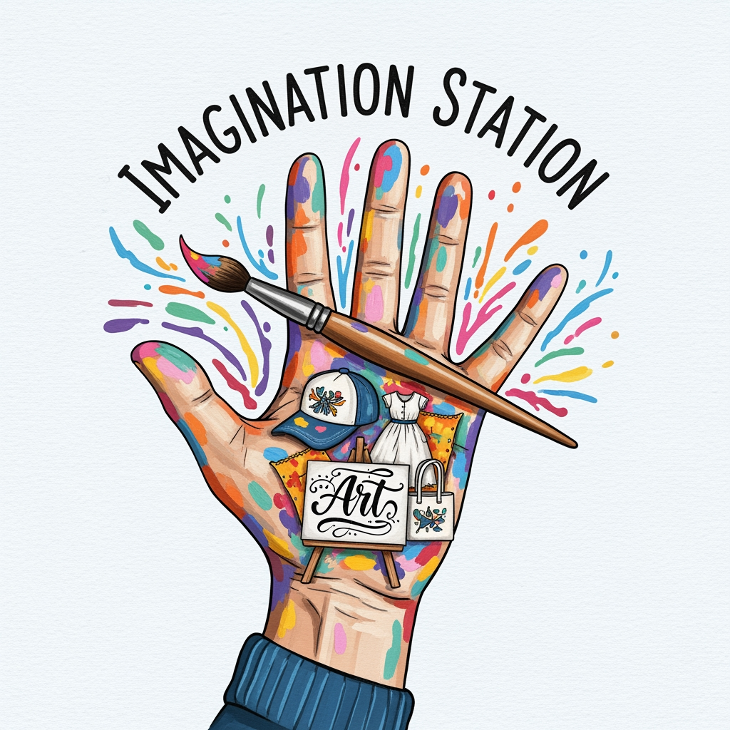 AI Design for logo related to hand painted items brand like cloth caps wallart. my brand name is imagination station . it is related to customized theme hand painted items like dress , bags , caps and canvas calligraphy wall art.