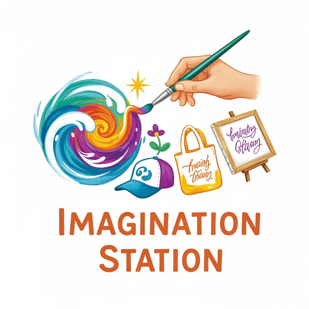 AI Design for logo related to hand painted items brand like cloth caps wallart. my brand name is imagination station . it is related to customized theme hand painted items like dress , bags , caps and canvas calligraphy wall art.