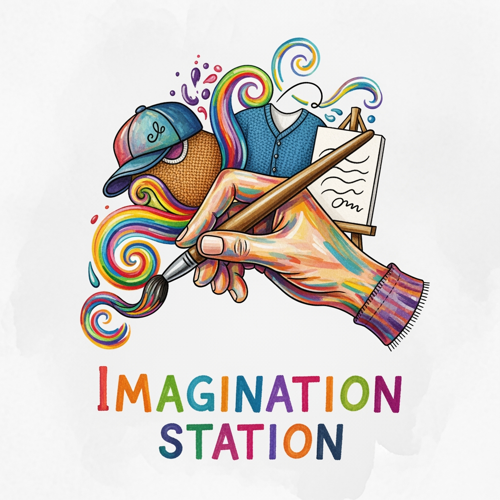 AI Design for logo related to hand painted items brand like cloth caps wallart. my brand name is imagination station . it is related to customized theme hand painted items like dress , bags , caps and canvas calligraphy wall art.