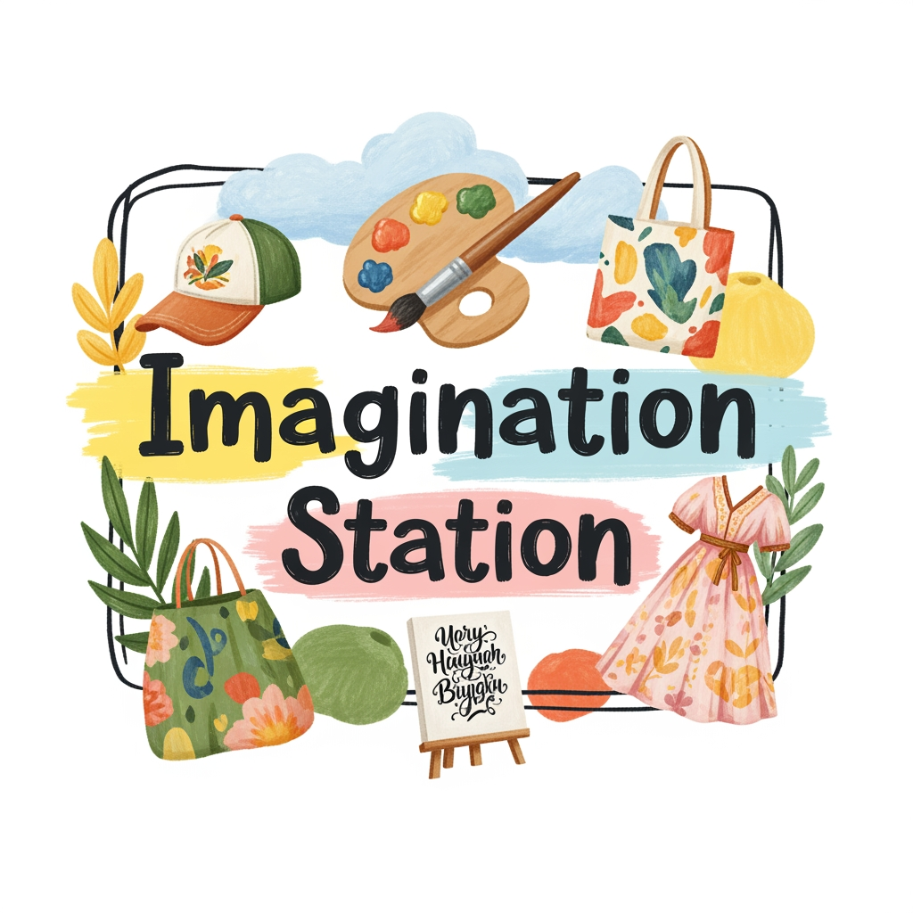AI Design for logo related to hand painted items brand like cloth caps wallart. my brand name is imagination station . it is related to customized theme hand painted items like dress , bags , caps and canvas calligraphy wall art.