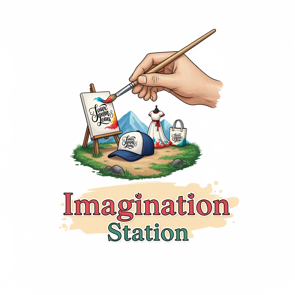 AI Design for logo related to hand painted items brand like cloth caps wallart. my brand name is imagination station . it is related to customized theme hand painted items like dress , bags , caps and canvas calligraphy wall art.