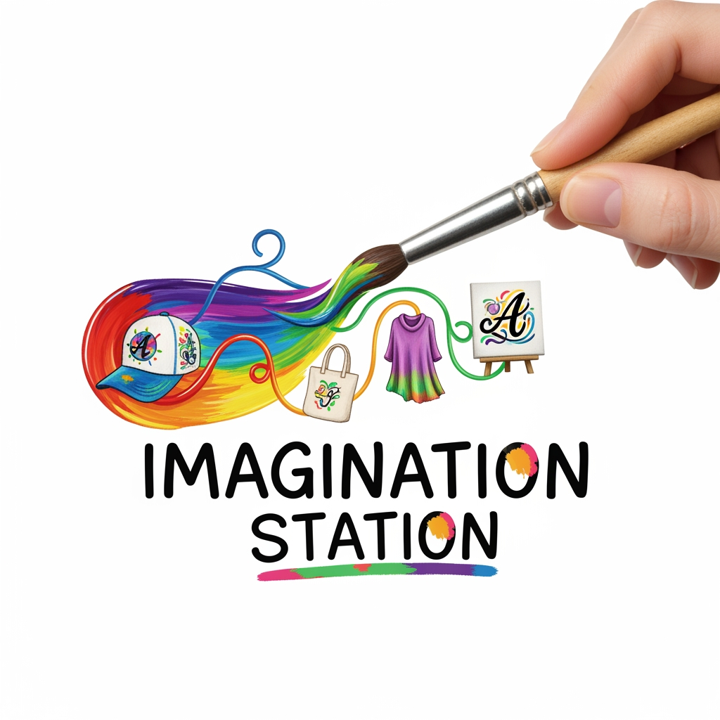 AI Design for logo related to hand painted items brand like cloth caps wallart. my brand name is imagination station . it is related to customized theme hand painted items like dress , bags , caps and canvas calligraphy wall art.