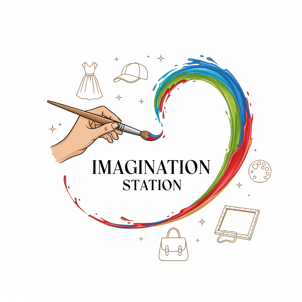 AI Design for logo related to hand painted items brand like cloth caps wallart. my brand name is imagination station . it is related to customized theme hand painted items like dress , bags , caps and canvas calligraphy wall art. it should be elegant decent hd and digital