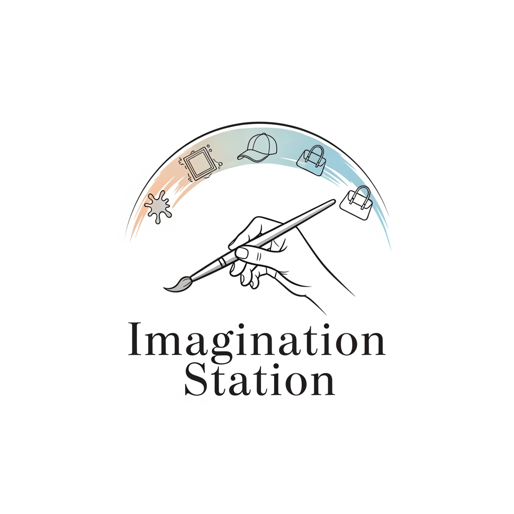 AI Design for logo related to hand painted items brand like cloth caps wallart. my brand name is imagination station . it is related to customized theme hand painted items like dress , bags , caps and canvas calligraphy wall art. it should be elegant decent hd and digital