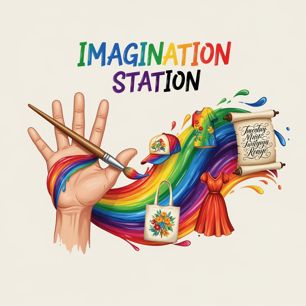 AI Design for logo related to hand painted items brand like cloth caps wallart. my brand name is imagination station . it is related to customized theme hand painted items like dress , bags , caps and canvas calligraphy wall art.