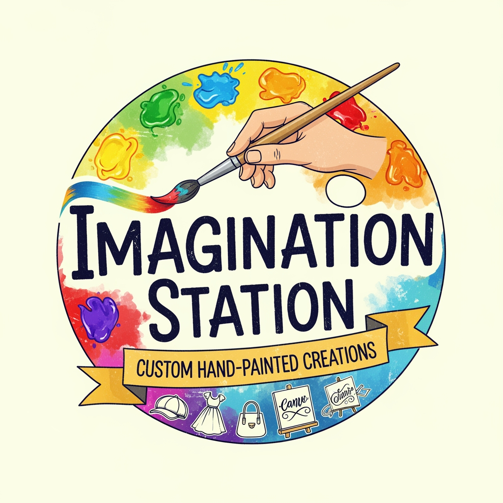 AI Design for logo related to hand painted items brand like cloth caps wallart. my brand name is imagination station . it is related to customized theme hand painted items like dress , bags , caps and canvas calligraphy wall artb