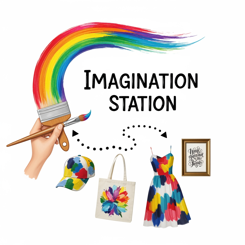 AI Design for logo related to hand painted items brand like cloth caps wallart. my brand name is imagination station . it is related to customized theme hand painted items like dress , bags , caps and canvas calligraphy wall art.