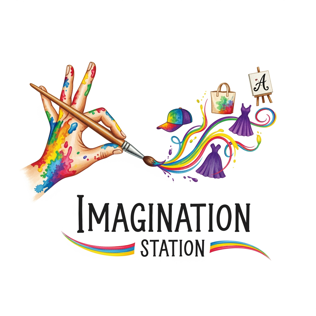 AI Design for logo related to hand painted items brand like cloth caps wallart. my brand name is imagination station . it is related to customized theme hand painted items like dress , bags , caps and canvas calligraphy wall artb