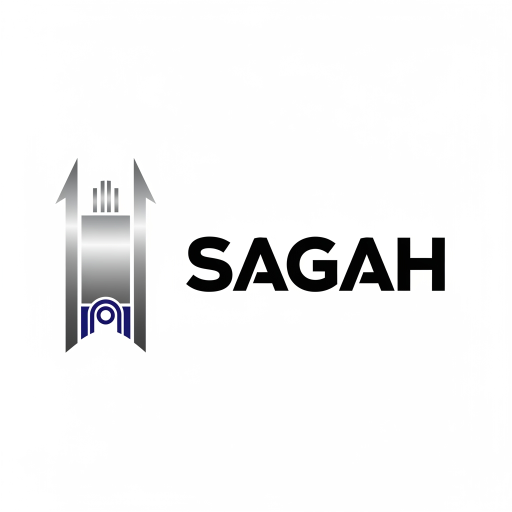 AI Design for "Create a sleek, modern, industrial logo for SAGAH, a company specializing in elevator parts and lift components. The logo should visually communicate innovation, precision engineering, durability, safety, and upward mobility. Incorporate a smart, minimal symbol inspired by elevator rails, gears, pulleys, shafts, lift cabins, or vertical movement, blended into a clean geometric mark. The brand name SAGAH should appear in bold, custom sans-serif typography with a strong mechanical and corporate feel. Use a refined metallic and industrial palette with silver, graphite grey, black, and deep blue accents. The final logo should feel premium, technical, powerful, and internationally professional, suitable for a website header, signage, packaging, catalogs, and B2B branding. Keep the design minimal, memorable, scalable, and vector-friendly on a plain white background." name m hi kuch add kro elevator la