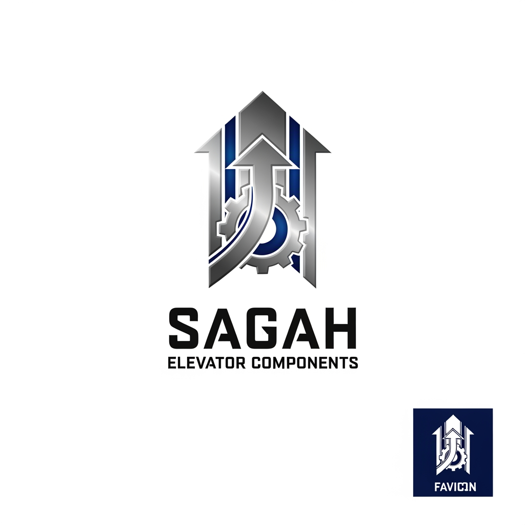 AI Design for "Create a sleek, modern, industrial logo for SAGAH, a company specializing in elevator parts and lift components. The logo should visually communicate innovation, precision engineering, durability, safety, and upward mobility. Incorporate a smart, minimal symbol inspired by elevator rails, gears, pulleys, shafts, lift cabins, or vertical movement, blended into a clean geometric mark. The brand name SAGAH should appear in bold, custom sans-serif typography with a strong mechanical and corporate feel. Use a refined metallic and industrial palette with silver, graphite grey, black, and deep blue accents. The final logo should feel premium, technical, powerful, and internationally professional, suitable for a website header, signage, packaging, catalogs, and B2B branding. Keep the design minimal, memorable, scalable, and vector-friendly on a plain white background." name m hi kuch add kro elevator favicon icon b do sath m or name m hi kuch asa adjust kro ki usi s pta chl jae business name ki styling asi kro i think niche business b likhna chaie kya h