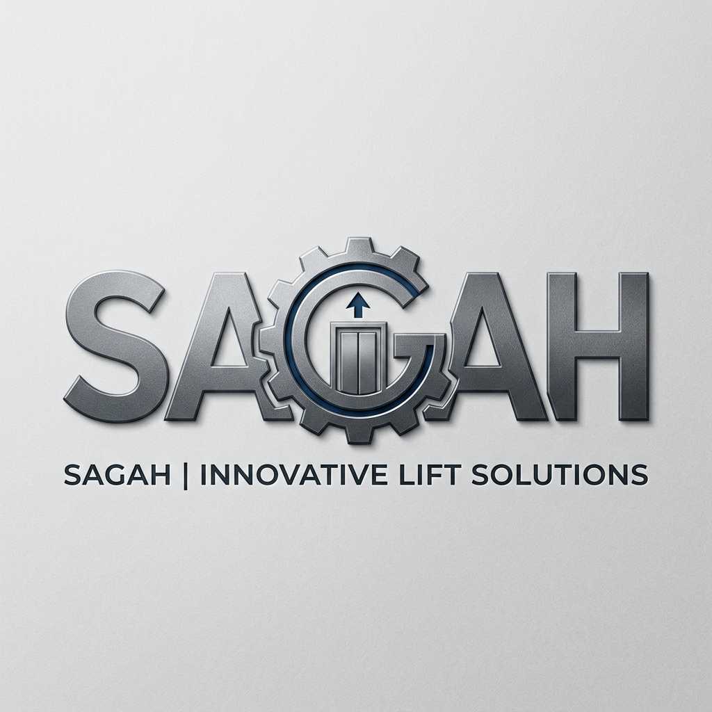 AI Design for Create a sleek, modern, industrial logo for SAGAH, a company specializing in elevator parts and lift components. The logo should visually communicate innovation, precision engineering, durability, safety, and upward mobility. Incorporate a smart, minimal symbol inspired by elevator rails, gears, pulleys, shafts, lift cabins, or vertical movement, blended into a clean geometric mark. The brand name SAGAH should appear in bold, custom sans-serif typography with a strong mechanical and corporate feel. Use a refined metallic and industrial palette with silver, graphite grey, black, and deep blue accents. The final logo should feel premium, technical, powerful, and internationally professional, suitable for a website header, signage, packaging, catalogs, and B2B branding. Keep the design minimal, memorable, scalable, and vector-friendly on a plain white background.is type s kuch chahti hu m b ki name hi aae alg s nhi like lifts components name k andr hi describe krde are meri website sagah ko jo ki