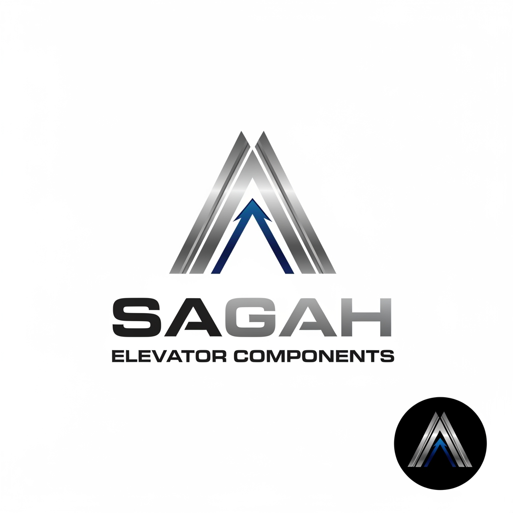 AI Design for "Create a sleek, modern, industrial logo for SAGAH, a company specializing in elevator parts and lift components. The logo should visually communicate innovation, precision engineering, durability, safety, and upward mobility. Incorporate a smart, minimal symbol inspired by elevator rails, gears, pulleys, shafts, lift cabins, or vertical movement, blended into a clean geometric mark. The brand name SAGAH should appear in bold, custom sans-serif typography with a strong mechanical and corporate feel. Use a refined metallic and industrial palette with silver, graphite grey, black, and deep blue accents. The final logo should feel premium, technical, powerful, and internationally professional, suitable for a website header, signage, packaging, catalogs, and B2B branding. Keep the design minimal, memorable, scalable, and vector-friendly on a plain white background." name m hi kuch add kro elevator favicon icon b do sath m or name m hi kuch asa adjust kro ki usi s pta chl jae business name ki styling asi kro i think niche business b likhna chaie kya h isi m niche add kro elevator component krke