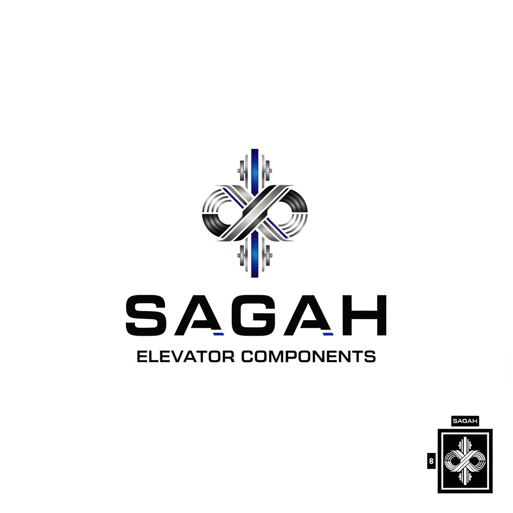 AI Design for "Create a sleek, modern, industrial logo for SAGAH, a company specializing in elevator parts and lift components. The logo should visually communicate innovation, precision engineering, durability, safety, and upward mobility. Incorporate a smart, minimal symbol inspired by elevator rails, gears, pulleys, shafts, lift cabins, or vertical movement, blended into a clean geometric mark. The brand name SAGAH should appear in bold, custom sans-serif typography with a strong mechanical and corporate feel. Use a refined metallic and industrial palette with silver, graphite grey, black, and deep blue accents. The final logo should feel premium, technical, powerful, and internationally professional, suitable for a website header, signage, packaging, catalogs, and B2B branding. Keep the design minimal, memorable, scalable, and vector-friendly on a plain white background." name m hi kuch add kro elevator favicon icon b do sath m or name m hi kuch asa adjust kro ki usi s pta chl jae business name ki styling asi kro i think niche business b likhna chaie kya h isi m niche add kro elevator component krke use infinity type symbol to make this all