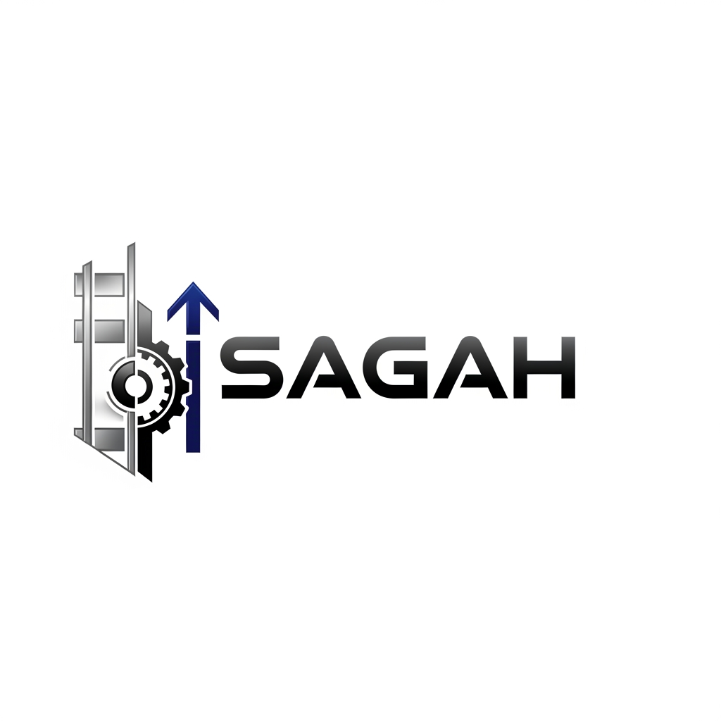 AI Design for "Create a sleek, modern, industrial logo for SAGAH, a company specializing in elevator parts and lift components. The logo should visually communicate innovation, precision engineering, durability, safety, and upward mobility. Incorporate a smart, minimal symbol inspired by elevator rails, gears, pulleys, shafts, lift cabins, or vertical movement, blended into a clean geometric mark. The brand name SAGAH should appear in bold, custom sans-serif typography with a strong mechanical and corporate feel. Use a refined metallic and industrial palette with silver, graphite grey, black, and deep blue accents. The final logo should feel premium, technical, powerful, and internationally professional, suitable for a website header, signage, packaging, catalogs, and B2B branding. Keep the design minimal, memorable, scalable, and vector-friendly on a plain white background." name m hi kuch add kro elevator la