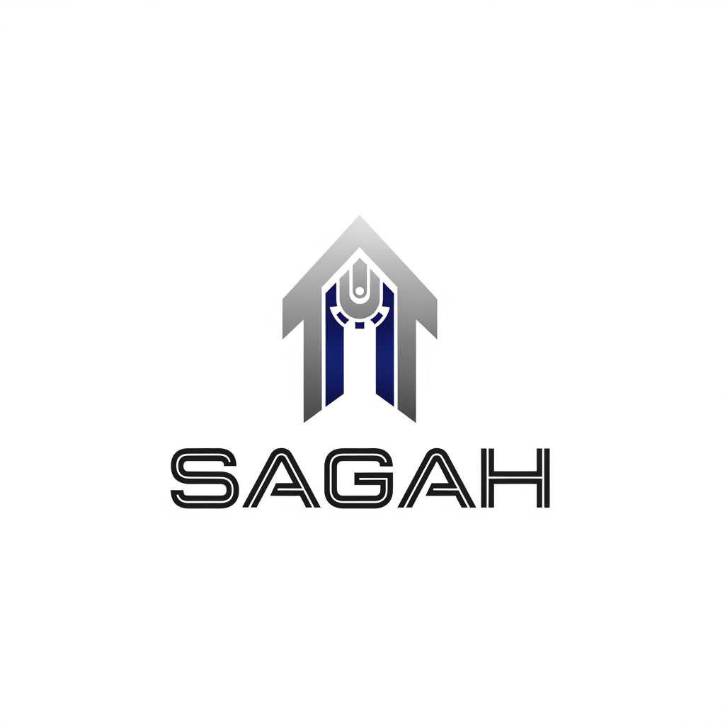 AI Design for "Create a sleek, modern, industrial logo for SAGAH, a company specializing in elevator parts and lift components. The logo should visually communicate innovation, precision engineering, durability, safety, and upward mobility. Incorporate a smart, minimal symbol inspired by elevator rails, gears, pulleys, shafts, lift cabins, or vertical movement, blended into a clean geometric mark. The brand name SAGAH should appear in bold, custom sans-serif typography with a strong mechanical and corporate feel. Use a refined metallic and industrial palette with silver, graphite grey, black, and deep blue accents. The final logo should feel premium, technical, powerful, and internationally professional, suitable for a website header, signage, packaging, catalogs, and B2B branding. Keep the design minimal, memorable, scalable, and vector-friendly on a plain white background."