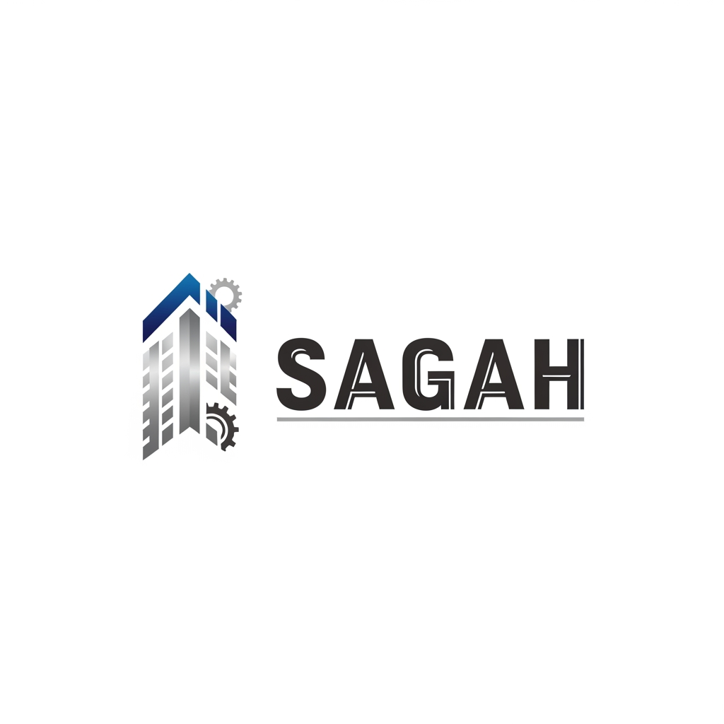 AI Design for "Create a sleek, modern, industrial logo for SAGAH, a company specializing in elevator parts and lift components. The logo should visually communicate innovation, precision engineering, durability, safety, and upward mobility. Incorporate a smart, minimal symbol inspired by elevator rails, gears, pulleys, shafts, lift cabins, or vertical movement, blended into a clean geometric mark. The brand name SAGAH should appear in bold, custom sans-serif typography with a strong mechanical and corporate feel. Use a refined metallic and industrial palette with silver, graphite grey, black, and deep blue accents. The final logo should feel premium, technical, powerful, and internationally professional, suitable for a website header, signage, packaging, catalogs, and B2B branding. Keep the design minimal, memorable, scalable, and vector-friendly on a plain white background."