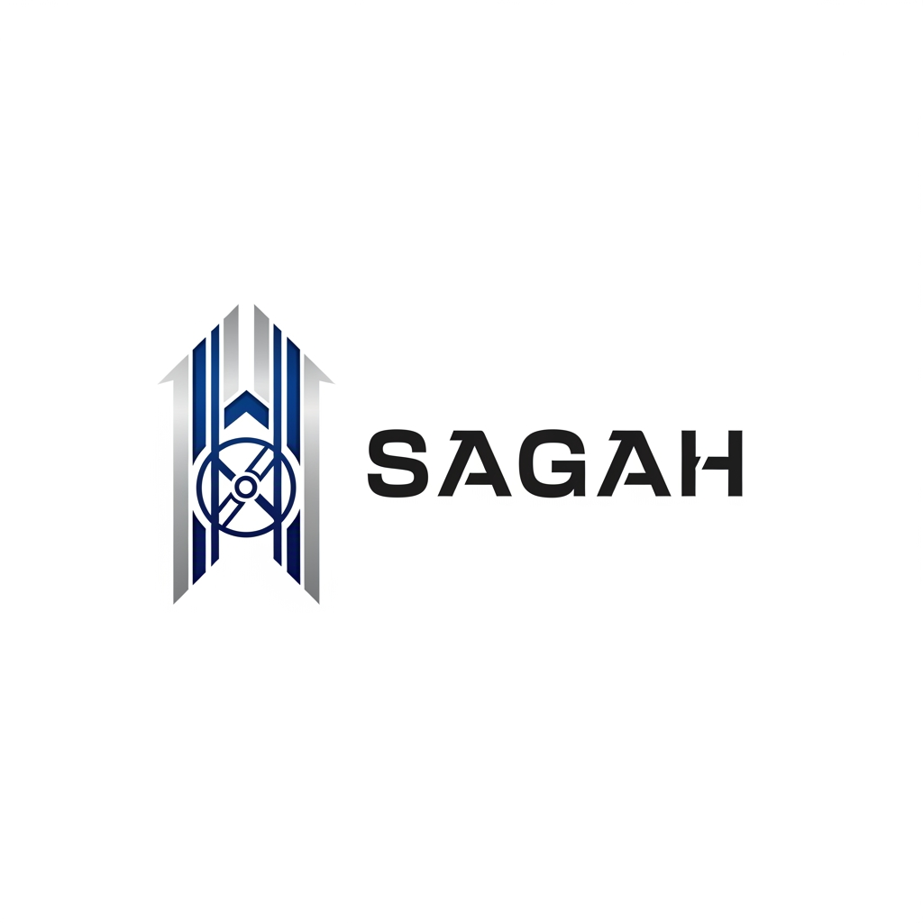 AI Design for "Create a sleek, modern, industrial logo for SAGAH, a company specializing in elevator parts and lift components. The logo should visually communicate innovation, precision engineering, durability, safety, and upward mobility. Incorporate a smart, minimal symbol inspired by elevator rails, gears, pulleys, shafts, lift cabins, or vertical movement, blended into a clean geometric mark. The brand name SAGAH should appear in bold, custom sans-serif typography with a strong mechanical and corporate feel. Use a refined metallic and industrial palette with silver, graphite grey, black, and deep blue accents. The final logo should feel premium, technical, powerful, and internationally professional, suitable for a website header, signage, packaging, catalogs, and B2B branding. Keep the design minimal, memorable, scalable, and vector-friendly on a plain white background."