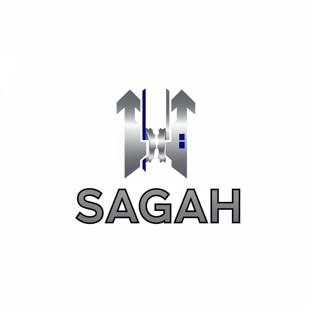 AI Design for "Create a sleek, modern, industrial logo for SAGAH, a company specializing in elevator parts and lift components. The logo should visually communicate innovation, precision engineering, durability, safety, and upward mobility. Incorporate a smart, minimal symbol inspired by elevator rails, gears, pulleys, shafts, lift cabins, or vertical movement, blended into a clean geometric mark. The brand name SAGAH should appear in bold, custom sans-serif typography with a strong mechanical and corporate feel. Use a refined metallic and industrial palette with silver, graphite grey, black, and deep blue accents. The final logo should feel premium, technical, powerful, and internationally professional, suitable for a website header, signage, packaging, catalogs, and B2B branding. Keep the design minimal, memorable, scalable, and vector-friendly on a plain white background." name m hi kuch add kro elevator la