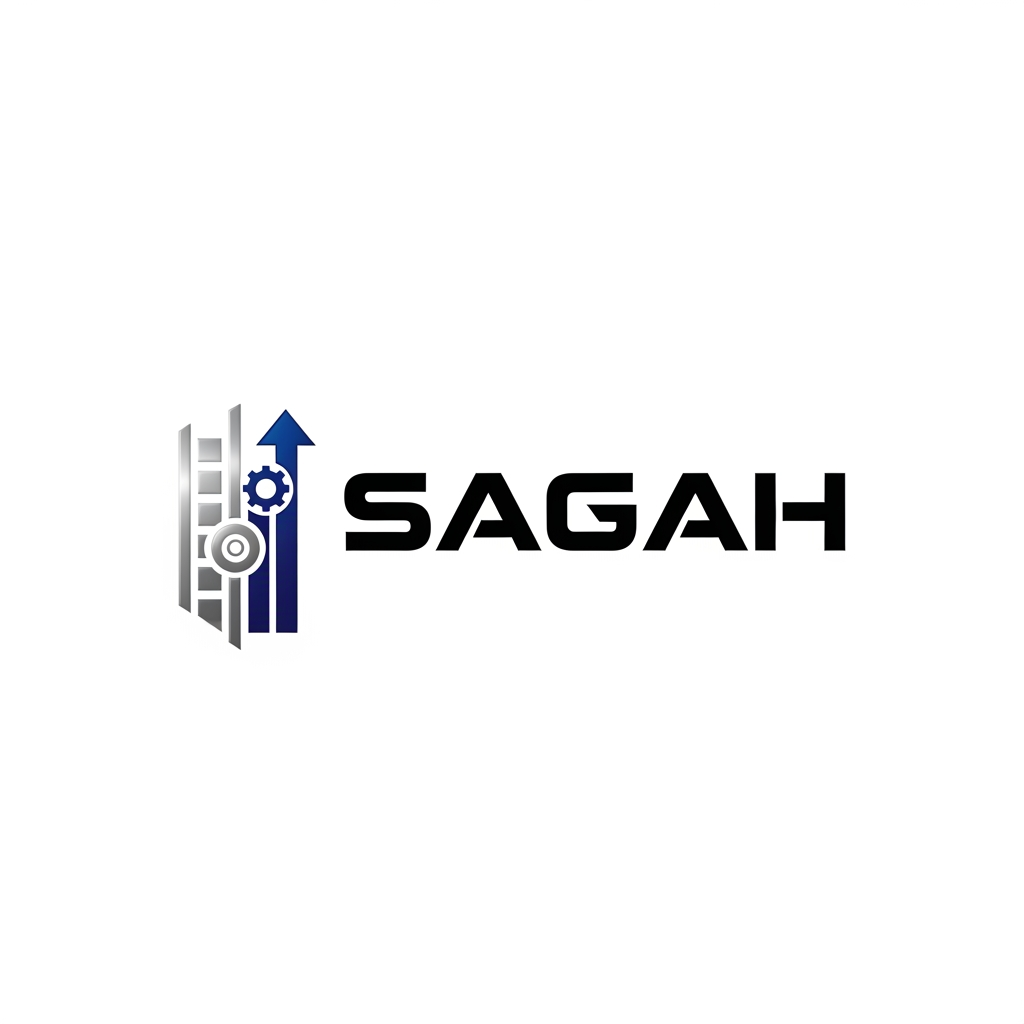AI Design for "Create a sleek, modern, industrial logo for SAGAH, a company specializing in elevator parts and lift components. The logo should visually communicate innovation, precision engineering, durability, safety, and upward mobility. Incorporate a smart, minimal symbol inspired by elevator rails, gears, pulleys, shafts, lift cabins, or vertical movement, blended into a clean geometric mark. The brand name SAGAH should appear in bold, custom sans-serif typography with a strong mechanical and corporate feel. Use a refined metallic and industrial palette with silver, graphite grey, black, and deep blue accents. The final logo should feel premium, technical, powerful, and internationally professional, suitable for a website header, signage, packaging, catalogs, and B2B branding. Keep the design minimal, memorable, scalable, and vector-friendly on a plain white background."