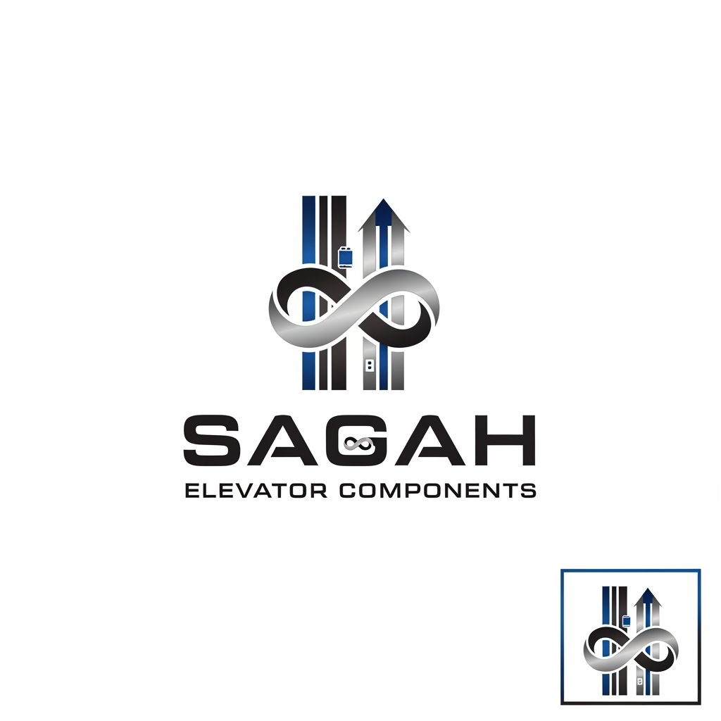 AI Design for "Create a sleek, modern, industrial logo for SAGAH, a company specializing in elevator parts and lift components. The logo should visually communicate innovation, precision engineering, durability, safety, and upward mobility. Incorporate a smart, minimal symbol inspired by elevator rails, gears, pulleys, shafts, lift cabins, or vertical movement, blended into a clean geometric mark. The brand name SAGAH should appear in bold, custom sans-serif typography with a strong mechanical and corporate feel. Use a refined metallic and industrial palette with silver, graphite grey, black, and deep blue accents. The final logo should feel premium, technical, powerful, and internationally professional, suitable for a website header, signage, packaging, catalogs, and B2B branding. Keep the design minimal, memorable, scalable, and vector-friendly on a plain white background." name m hi kuch add kro elevator favicon icon b do sath m or name m hi kuch asa adjust kro ki usi s pta chl jae business name ki styling asi kro i think niche business b likhna chaie kya h isi m niche add kro elevator component krke use infinity type symbol to make this all