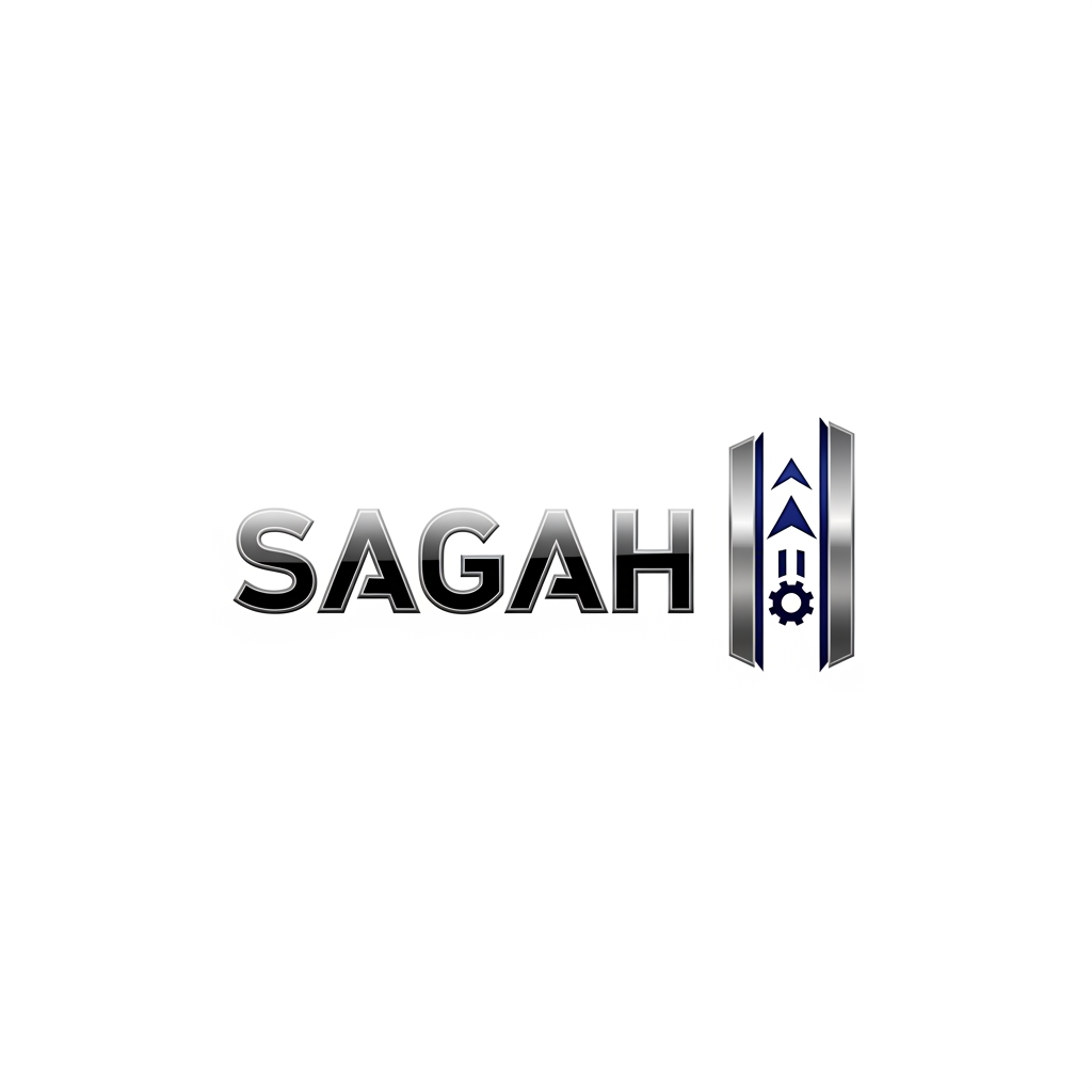 AI Design for "Create a sleek, modern, industrial logo for SAGAH, a company specializing in elevator parts and lift components. The logo should visually communicate innovation, precision engineering, durability, safety, and upward mobility. Incorporate a smart, minimal symbol inspired by elevator rails, gears, pulleys, shafts, lift cabins, or vertical movement, blended into a clean geometric mark. The brand name SAGAH should appear in bold, custom sans-serif typography with a strong mechanical and corporate feel. Use a refined metallic and industrial palette with silver, graphite grey, black, and deep blue accents. The final logo should feel premium, technical, powerful, and internationally professional, suitable for a website header, signage, packaging, catalogs, and B2B branding. Keep the design minimal, memorable, scalable, and vector-friendly on a plain white background."