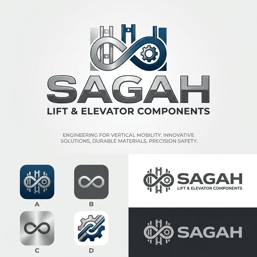 AI Design for "Create a sleek, modern, industrial logo for SAGAH, a company specializing in elevator parts and lift components. The logo should visually communicate innovation, precision engineering, durability, safety, and upward mobility. Incorporate a smart, minimal symbol inspired by elevator rails, gears, pulleys, shafts, lift cabins, or vertical movement, blended into a clean geometric mark. The brand name SAGAH should appear in bold, custom sans-serif typography with a strong mechanical and corporate feel. Use a refined metallic and industrial palette with silver, graphite grey, black, and deep blue accents. The final logo should feel premium, technical, powerful, and internationally professional, suitable for a website header, signage, packaging, catalogs, and B2B branding. Keep the design minimal, memorable, scalable, and vector-friendly on a plain white background." name m hi kuch add kro elevator favicon icon b do sath m or name m hi kuch asa adjust kro ki usi s pta chl jae business name ki styling asi kro i think niche business b likhna chaie kya h isi m niche add kro elevator component krke use infinity type symbol to make this all and add some detail about company fix the font favicon icons alg s chaie h muje sath m nhi chaie