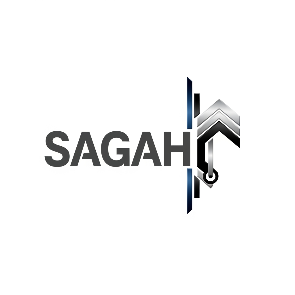 AI Design for "Create a sleek, modern, industrial logo for SAGAH, a company specializing in elevator parts and lift components. The logo should visually communicate innovation, precision engineering, durability, safety, and upward mobility. Incorporate a smart, minimal symbol inspired by elevator rails, gears, pulleys, shafts, lift cabins, or vertical movement, blended into a clean geometric mark. The brand name SAGAH should appear in bold, custom sans-serif typography with a strong mechanical and corporate feel. Use a refined metallic and industrial palette with silver, graphite grey, black, and deep blue accents. The final logo should feel premium, technical, powerful, and internationally professional, suitable for a website header, signage, packaging, catalogs, and B2B branding. Keep the design minimal, memorable, scalable, and vector-friendly on a plain white background."