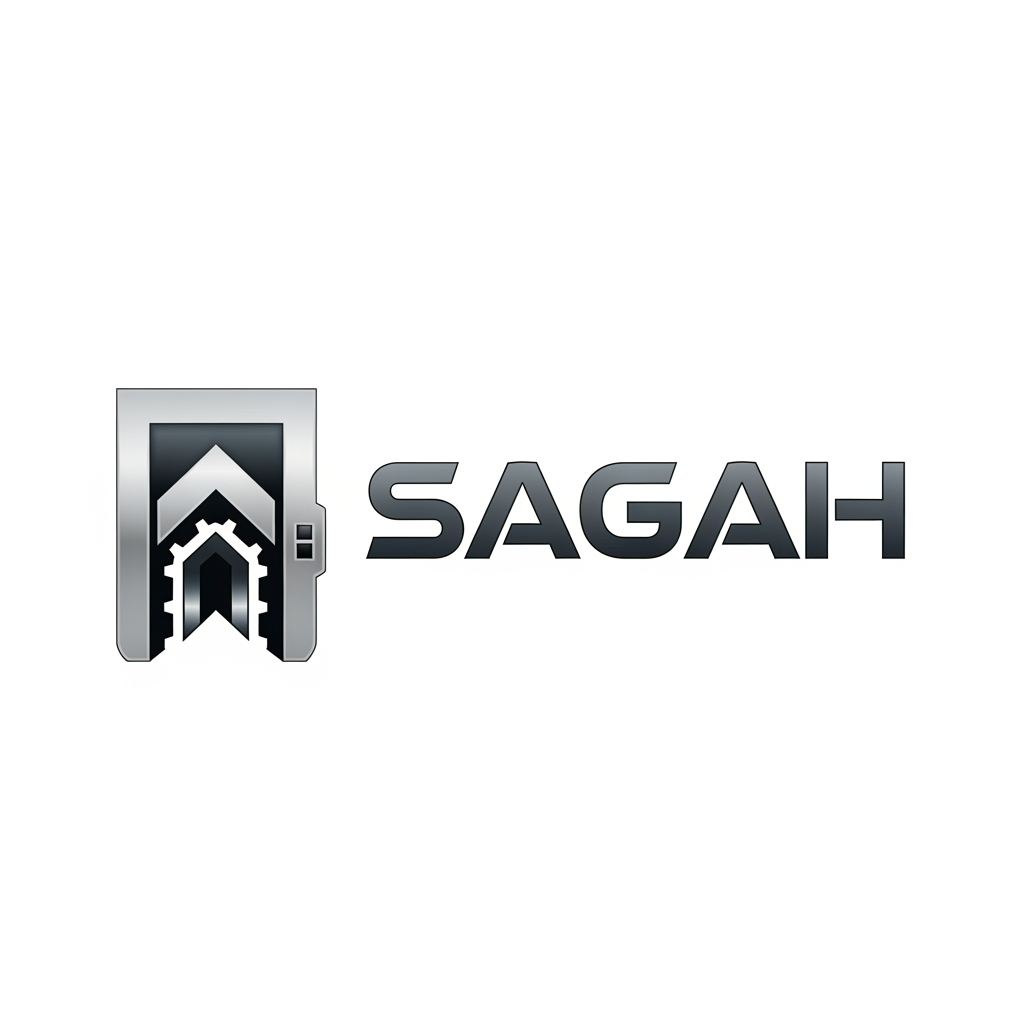 AI Design for "Create a sleek, modern, industrial logo for SAGAH, a company specializing in elevator parts and lift components. The logo should visually communicate innovation, precision engineering, durability, safety, and upward mobility. Incorporate a smart, minimal symbol inspired by elevator rails, gears, pulleys, shafts, lift cabins, or vertical movement, blended into a clean geometric mark. The brand name SAGAH should appear in bold, custom sans-serif typography with a strong mechanical and corporate feel. Use a refined metallic and industrial palette with silver, graphite grey, black, and deep blue accents. The final logo should feel premium, technical, powerful, and internationally professional, suitable for a website header, signage, packaging, catalogs, and B2B branding. Keep the design minimal, memorable, scalable, and vector-friendly on a plain white background."