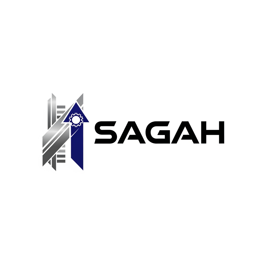 AI Design for "Create a sleek, modern, industrial logo for SAGAH, a company specializing in elevator parts and lift components. The logo should visually communicate innovation, precision engineering, durability, safety, and upward mobility. Incorporate a smart, minimal symbol inspired by elevator rails, gears, pulleys, shafts, lift cabins, or vertical movement, blended into a clean geometric mark. The brand name SAGAH should appear in bold, custom sans-serif typography with a strong mechanical and corporate feel. Use a refined metallic and industrial palette with silver, graphite grey, black, and deep blue accents. The final logo should feel premium, technical, powerful, and internationally professional, suitable for a website header, signage, packaging, catalogs, and B2B branding. Keep the design minimal, memorable, scalable, and vector-friendly on a plain white background." name m hi kuch add kro elevator la