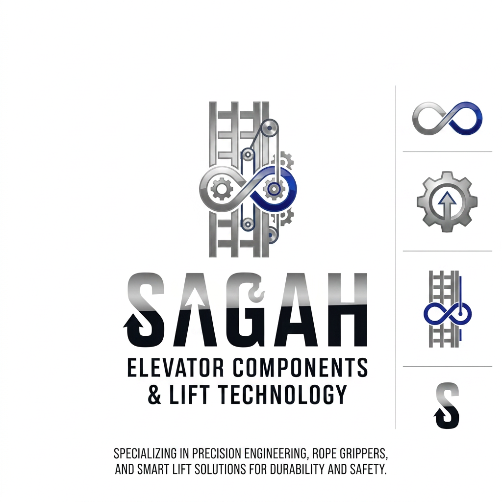 AI Design for "Create a sleek, modern, industrial logo for SAGAH, a company specializing in elevator parts and lift components. The logo should visually communicate innovation, precision engineering, durability, safety, and upward mobility. Incorporate a smart, minimal symbol inspired by elevator rails, gears, pulleys, shafts, lift cabins, or vertical movement, blended into a clean geometric mark. The brand name SAGAH should appear in bold, custom sans-serif typography with a strong mechanical and corporate feel. Use a refined metallic and industrial palette with silver, graphite grey, black, and deep blue accents. The final logo should feel premium, technical, powerful, and internationally professional, suitable for a website header, signage, packaging, catalogs, and B2B branding. Keep the design minimal, memorable, scalable, and vector-friendly on a plain white background." name m hi kuch add kro elevator favicon icon b do sath m or name m hi kuch asa adjust kro ki usi s pta chl jae business name ki styling asi kro i think niche business b likhna chaie kya h isi m niche add kro elevator component krke use infinity type symbol to make this all and add some detail about company fix the font favicon icons alg s chaie h muje sath m nhi chaie