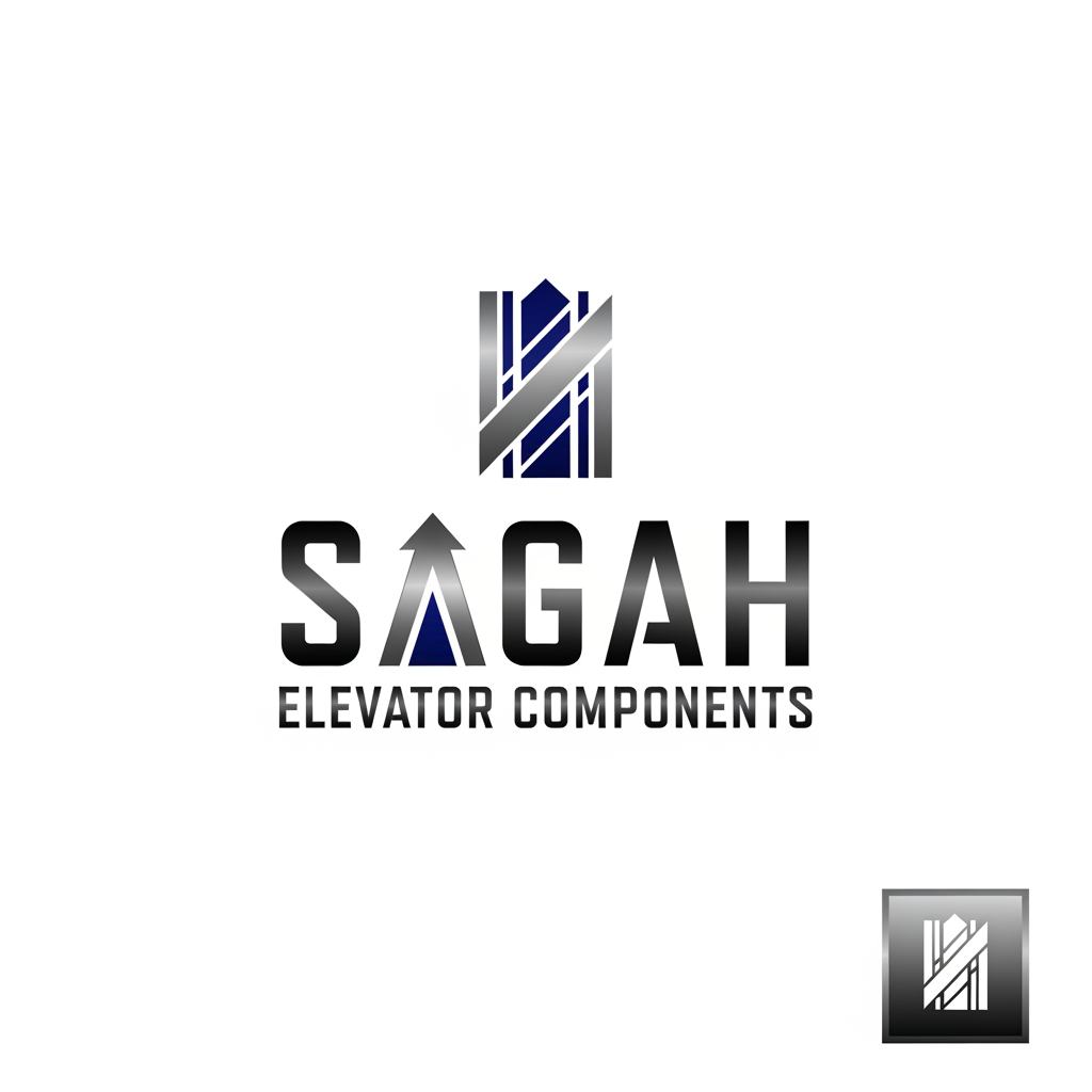AI Design for "Create a sleek, modern, industrial logo for SAGAH, a company specializing in elevator parts and lift components. The logo should visually communicate innovation, precision engineering, durability, safety, and upward mobility. Incorporate a smart, minimal symbol inspired by elevator rails, gears, pulleys, shafts, lift cabins, or vertical movement, blended into a clean geometric mark. The brand name SAGAH should appear in bold, custom sans-serif typography with a strong mechanical and corporate feel. Use a refined metallic and industrial palette with silver, graphite grey, black, and deep blue accents. The final logo should feel premium, technical, powerful, and internationally professional, suitable for a website header, signage, packaging, catalogs, and B2B branding. Keep the design minimal, memorable, scalable, and vector-friendly on a plain white background." name m hi kuch add kro elevator favicon icon b do sath m or name m hi kuch asa adjust kro ki usi s pta chl jae business name ki styling asi kro i think niche business b likhna chaie kya h