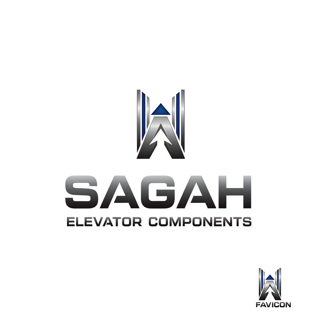 AI Design for "Create a sleek, modern, industrial logo for SAGAH, a company specializing in elevator parts and lift components. The logo should visually communicate innovation, precision engineering, durability, safety, and upward mobility. Incorporate a smart, minimal symbol inspired by elevator rails, gears, pulleys, shafts, lift cabins, or vertical movement, blended into a clean geometric mark. The brand name SAGAH should appear in bold, custom sans-serif typography with a strong mechanical and corporate feel. Use a refined metallic and industrial palette with silver, graphite grey, black, and deep blue accents. The final logo should feel premium, technical, powerful, and internationally professional, suitable for a website header, signage, packaging, catalogs, and B2B branding. Keep the design minimal, memorable, scalable, and vector-friendly on a plain white background." name m hi kuch add kro elevator favicon icon b do sath m or name m hi kuch asa adjust kro ki usi s pta chl jae business name ki styling asi kro i think niche business b likhna chaie kya h isi m niche add kro elevator component krke