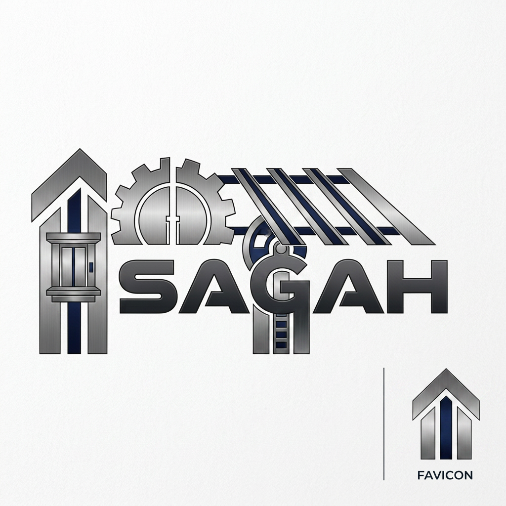 AI Design for "Create a sleek, modern, industrial logo for SAGAH, a company specializing in elevator parts and lift components. The logo should visually communicate innovation, precision engineering, durability, safety, and upward mobility. Incorporate a smart, minimal symbol inspired by elevator rails, gears, pulleys, shafts, lift cabins, or vertical movement, blended into a clean geometric mark. The brand name SAGAH should appear in bold, custom sans-serif typography with a strong mechanical and corporate feel. Use a refined metallic and industrial palette with silver, graphite grey, black, and deep blue accents. The final logo should feel premium, technical, powerful, and internationally professional, suitable for a website header, signage, packaging, catalogs, and B2B branding. Keep the design minimal, memorable, scalable, and vector-friendly on a plain white background." name m hi kuch add kro elevator favicon icon b do sath m or name m hi kuch asa adjust kro ki usi s pta chl jae business name ki styling asi kro