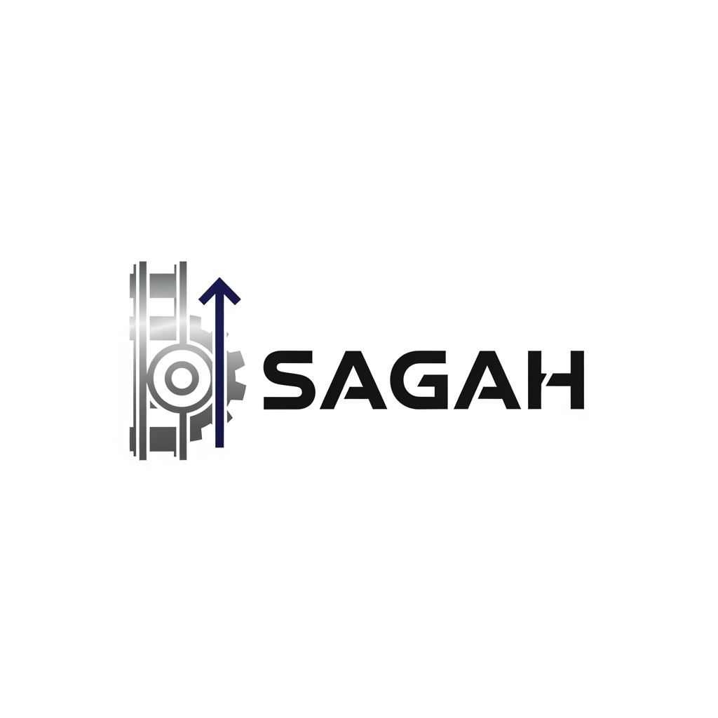 AI Design for "Create a sleek, modern, industrial logo for SAGAH, a company specializing in elevator parts and lift components. The logo should visually communicate innovation, precision engineering, durability, safety, and upward mobility. Incorporate a smart, minimal symbol inspired by elevator rails, gears, pulleys, shafts, lift cabins, or vertical movement, blended into a clean geometric mark. The brand name SAGAH should appear in bold, custom sans-serif typography with a strong mechanical and corporate feel. Use a refined metallic and industrial palette with silver, graphite grey, black, and deep blue accents. The final logo should feel premium, technical, powerful, and internationally professional, suitable for a website header, signage, packaging, catalogs, and B2B branding. Keep the design minimal, memorable, scalable, and vector-friendly on a plain white background." name m hi kuch add kro elevator la