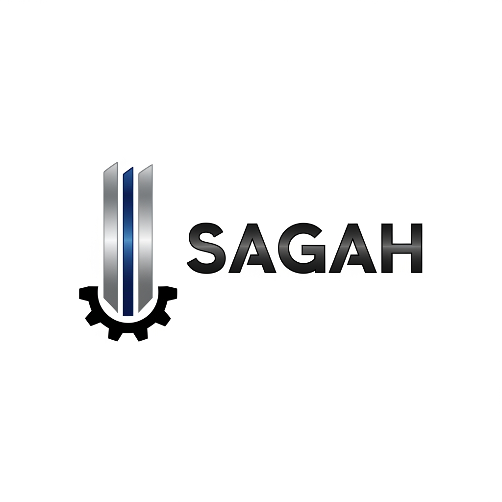 AI Design for "Create a sleek, modern, industrial logo for SAGAH, a company specializing in elevator parts and lift components. The logo should visually communicate innovation, precision engineering, durability, safety, and upward mobility. Incorporate a smart, minimal symbol inspired by elevator rails, gears, pulleys, shafts, lift cabins, or vertical movement, blended into a clean geometric mark. The brand name SAGAH should appear in bold, custom sans-serif typography with a strong mechanical and corporate feel. Use a refined metallic and industrial palette with silver, graphite grey, black, and deep blue accents. The final logo should feel premium, technical, powerful, and internationally professional, suitable for a website header, signage, packaging, catalogs, and B2B branding. Keep the design minimal, memorable, scalable, and vector-friendly on a plain white background."