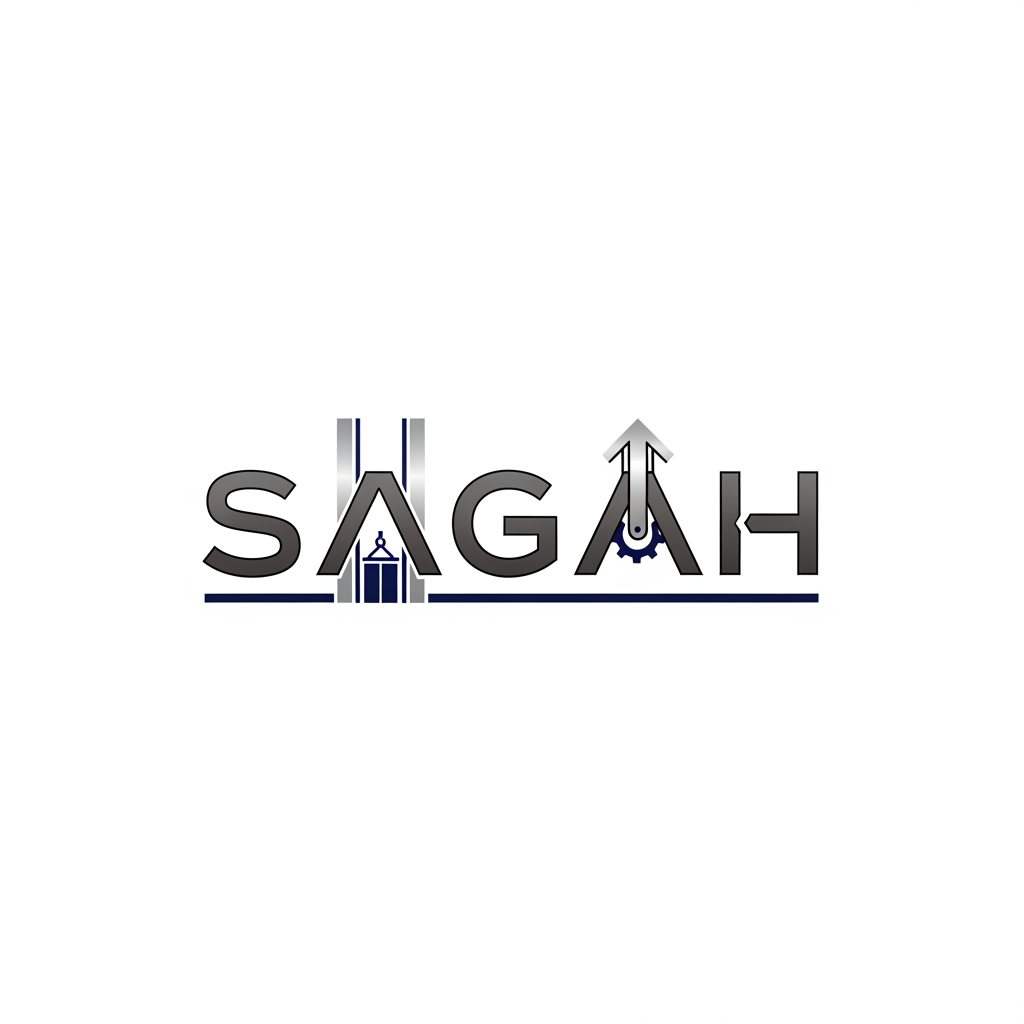 AI Design for "Create a sleek, modern, industrial logo for SAGAH, a company specializing in elevator parts and lift components. The logo should visually communicate innovation, precision engineering, durability, safety, and upward mobility. Incorporate a smart, minimal symbol inspired by elevator rails, gears, pulleys, shafts, lift cabins, or vertical movement, blended into a clean geometric mark. The brand name SAGAH should appear in bold, custom sans-serif typography with a strong mechanical and corporate feel. Use a refined metallic and industrial palette with silver, graphite grey, black, and deep blue accents. The final logo should feel premium, technical, powerful, and internationally professional, suitable for a website header, signage, packaging, catalogs, and B2B branding. Keep the design minimal, memorable, scalable, and vector-friendly on a plain white background."