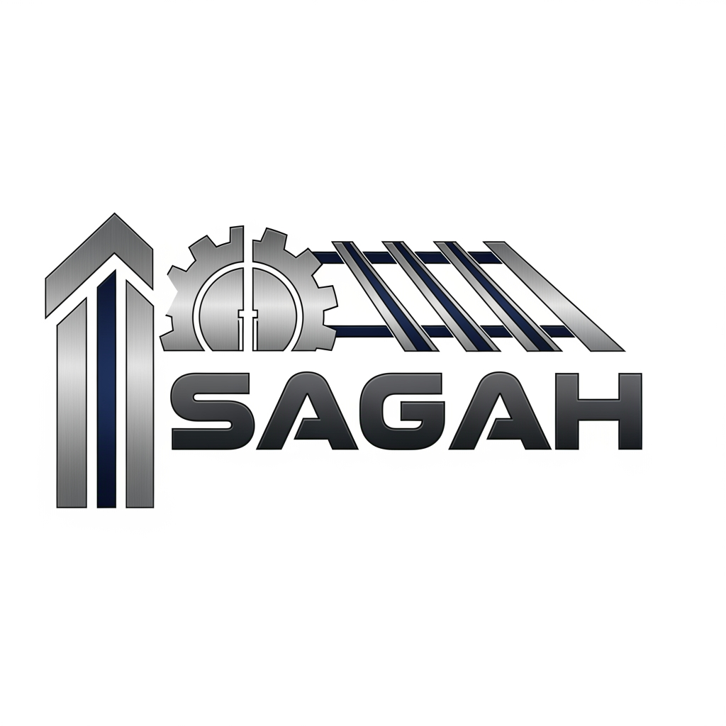 AI Design for "Create a sleek, modern, industrial logo for SAGAH, a company specializing in elevator parts and lift components. The logo should visually communicate innovation, precision engineering, durability, safety, and upward mobility. Incorporate a smart, minimal symbol inspired by elevator rails, gears, pulleys, shafts, lift cabins, or vertical movement, blended into a clean geometric mark. The brand name SAGAH should appear in bold, custom sans-serif typography with a strong mechanical and corporate feel. Use a refined metallic and industrial palette with silver, graphite grey, black, and deep blue accents. The final logo should feel premium, technical, powerful, and internationally professional, suitable for a website header, signage, packaging, catalogs, and B2B branding. Keep the design minimal, memorable, scalable, and vector-friendly on a plain white background." name m hi kuch add kro elevator la
