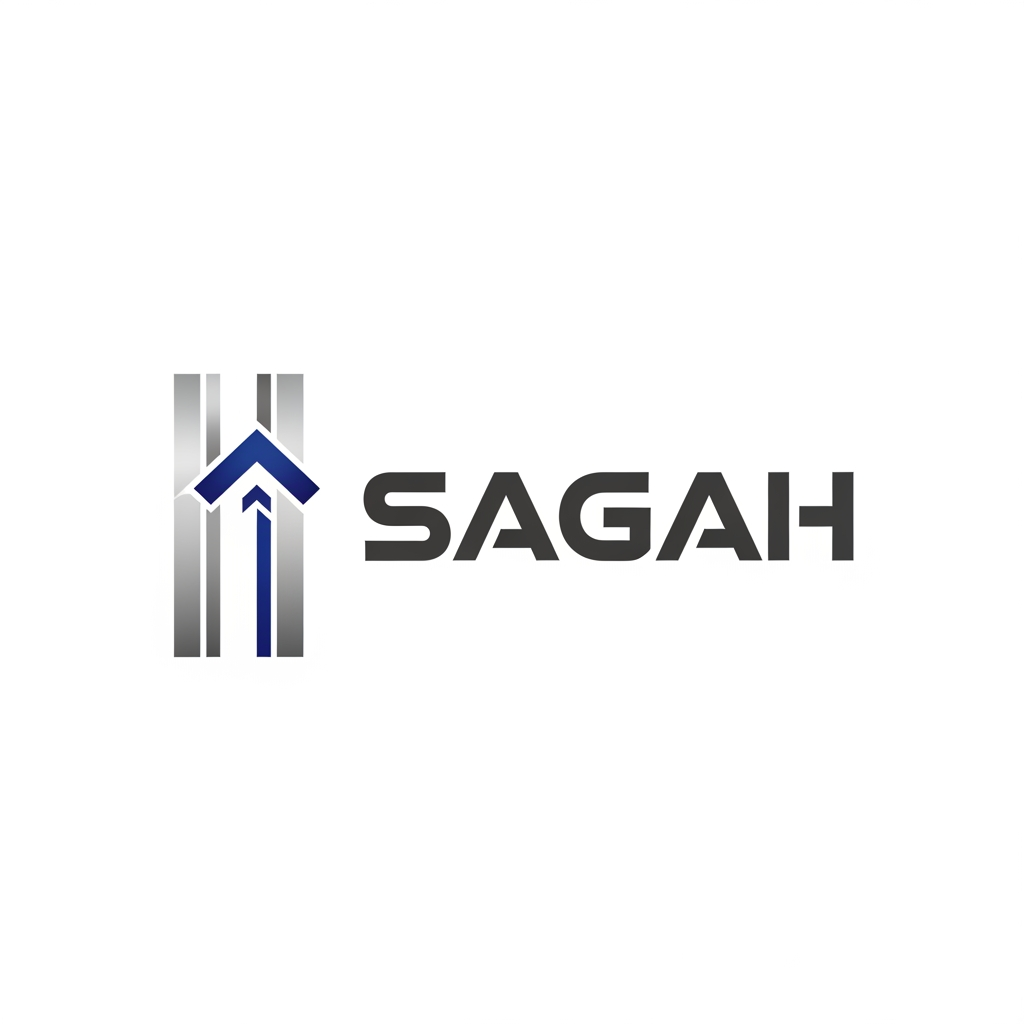 AI Design for "Create a sleek, modern, industrial logo for SAGAH, a company specializing in elevator parts and lift components. The logo should visually communicate innovation, precision engineering, durability, safety, and upward mobility. Incorporate a smart, minimal symbol inspired by elevator rails, gears, pulleys, shafts, lift cabins, or vertical movement, blended into a clean geometric mark. The brand name SAGAH should appear in bold, custom sans-serif typography with a strong mechanical and corporate feel. Use a refined metallic and industrial palette with silver, graphite grey, black, and deep blue accents. The final logo should feel premium, technical, powerful, and internationally professional, suitable for a website header, signage, packaging, catalogs, and B2B branding. Keep the design minimal, memorable, scalable, and vector-friendly on a plain white background."