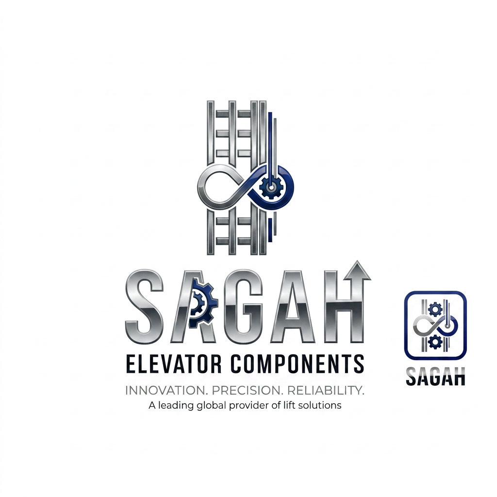 AI Design for "Create a sleek, modern, industrial logo for SAGAH, a company specializing in elevator parts and lift components. The logo should visually communicate innovation, precision engineering, durability, safety, and upward mobility. Incorporate a smart, minimal symbol inspired by elevator rails, gears, pulleys, shafts, lift cabins, or vertical movement, blended into a clean geometric mark. The brand name SAGAH should appear in bold, custom sans-serif typography with a strong mechanical and corporate feel. Use a refined metallic and industrial palette with silver, graphite grey, black, and deep blue accents. The final logo should feel premium, technical, powerful, and internationally professional, suitable for a website header, signage, packaging, catalogs, and B2B branding. Keep the design minimal, memorable, scalable, and vector-friendly on a plain white background." name m hi kuch add kro elevator favicon icon b do sath m or name m hi kuch asa adjust kro ki usi s pta chl jae business name ki styling asi kro i think niche business b likhna chaie kya h isi m niche add kro elevator component krke use infinity type symbol to make this all and add some detail about company fix the font