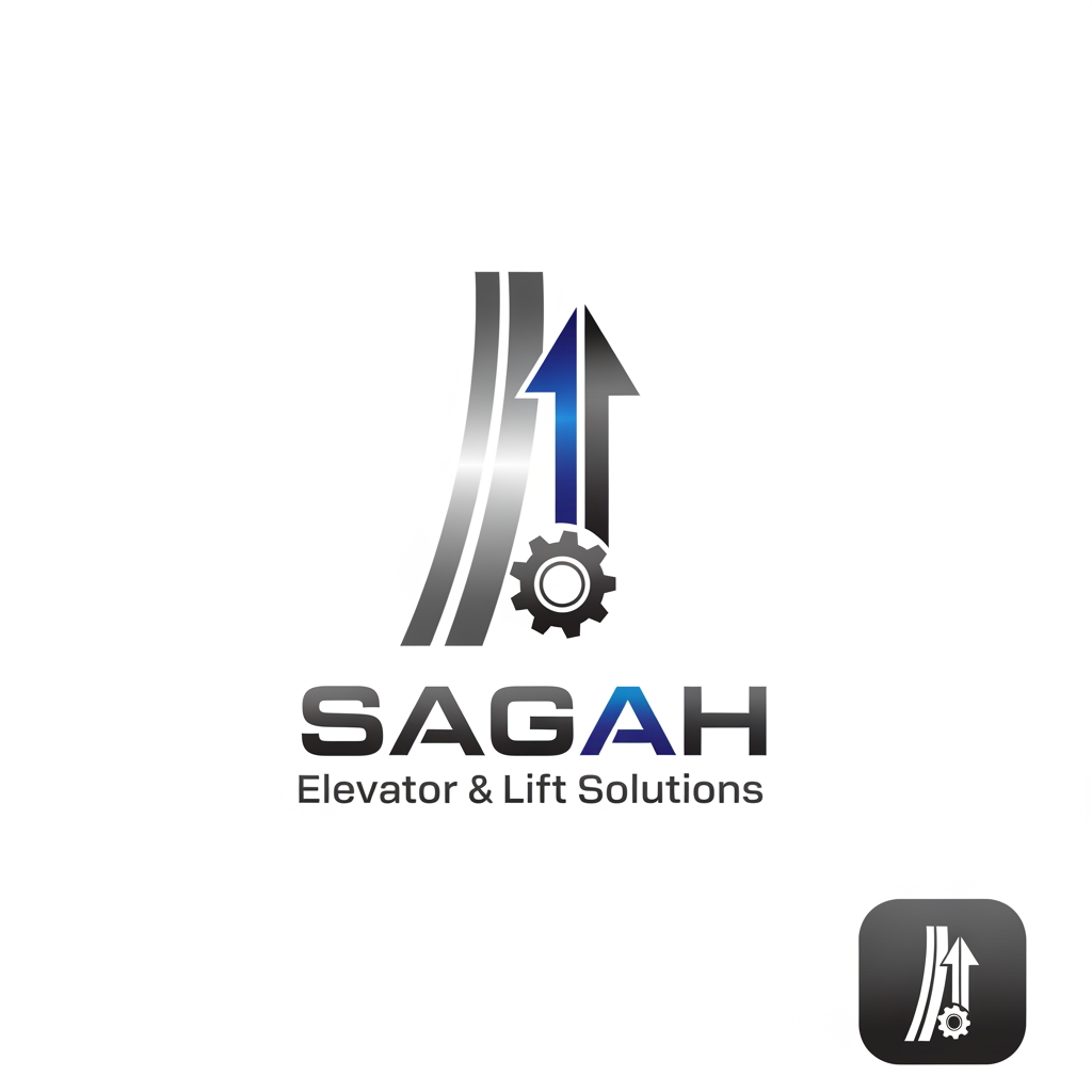 AI Design for "Create a sleek, modern, industrial logo for SAGAH, a company specializing in elevator parts and lift components. The logo should visually communicate innovation, precision engineering, durability, safety, and upward mobility. Incorporate a smart, minimal symbol inspired by elevator rails, gears, pulleys, shafts, lift cabins, or vertical movement, blended into a clean geometric mark. The brand name SAGAH should appear in bold, custom sans-serif typography with a strong mechanical and corporate feel. Use a refined metallic and industrial palette with silver, graphite grey, black, and deep blue accents. The final logo should feel premium, technical, powerful, and internationally professional, suitable for a website header, signage, packaging, catalogs, and B2B branding. Keep the design minimal, memorable, scalable, and vector-friendly on a plain white background." name m hi kuch add kro elevator favicon icon b do sath m or name m hi kuch asa adjust kro ki usi s pta chl jae business name ki styling asi kro i think niche business b likhna chaie kya h