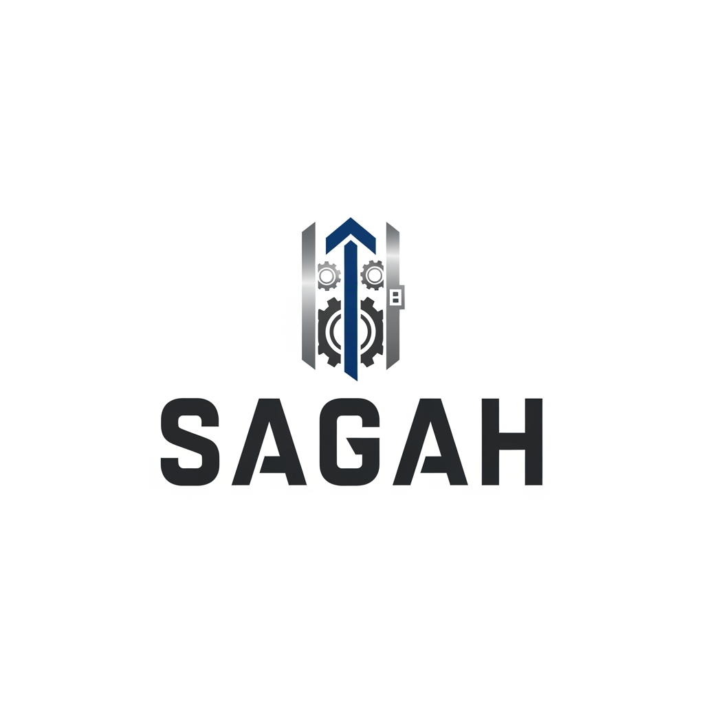 AI Design for "Create a sleek, modern, industrial logo for SAGAH, a company specializing in elevator parts and lift components. The logo should visually communicate innovation, precision engineering, durability, safety, and upward mobility. Incorporate a smart, minimal symbol inspired by elevator rails, gears, pulleys, shafts, lift cabins, or vertical movement, blended into a clean geometric mark. The brand name SAGAH should appear in bold, custom sans-serif typography with a strong mechanical and corporate feel. Use a refined metallic and industrial palette with silver, graphite grey, black, and deep blue accents. The final logo should feel premium, technical, powerful, and internationally professional, suitable for a website header, signage, packaging, catalogs, and B2B branding. Keep the design minimal, memorable, scalable, and vector-friendly on a plain white background."