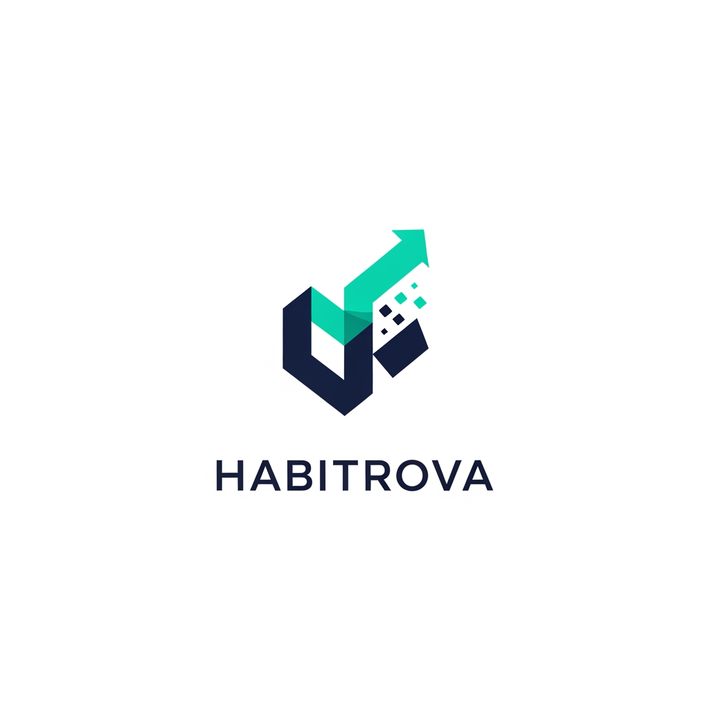 AI Design for A modern, minimalist logo design for a productivity application named Habitrova. The logo should feature a clean, abstract geometric symbol representing growth and daily consistency, using a sophisticated color palette of deep navy and vibrant teal. The design should be set against a solid white background, emphasizing professionalism, clarity, and sleek, contemporary tech branding.