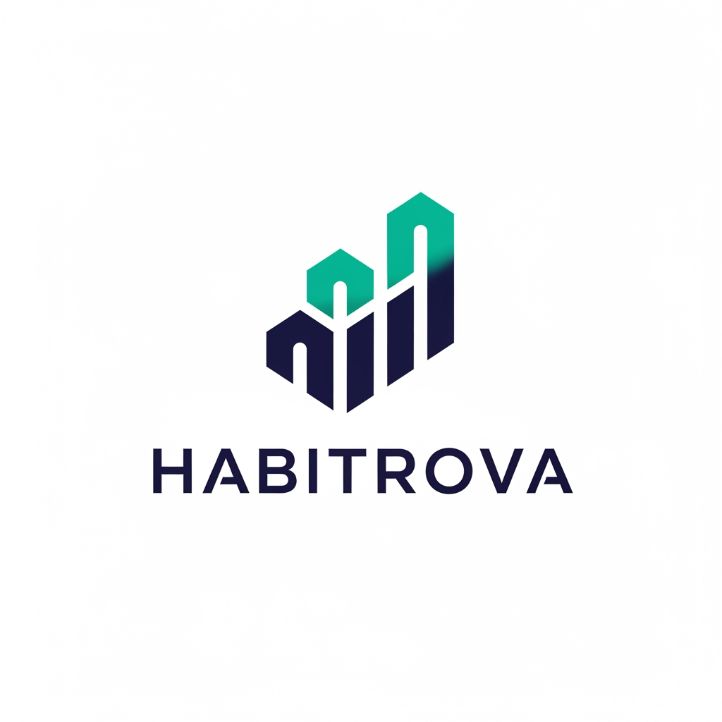 AI Design for A modern, minimalist logo design for a productivity application named Habitrova. The logo should feature a clean, abstract geometric symbol representing growth and daily consistency, using a sophisticated color palette of deep navy and vibrant teal. The design should be set against a solid white background, emphasizing professionalism, clarity, and sleek, contemporary tech branding.