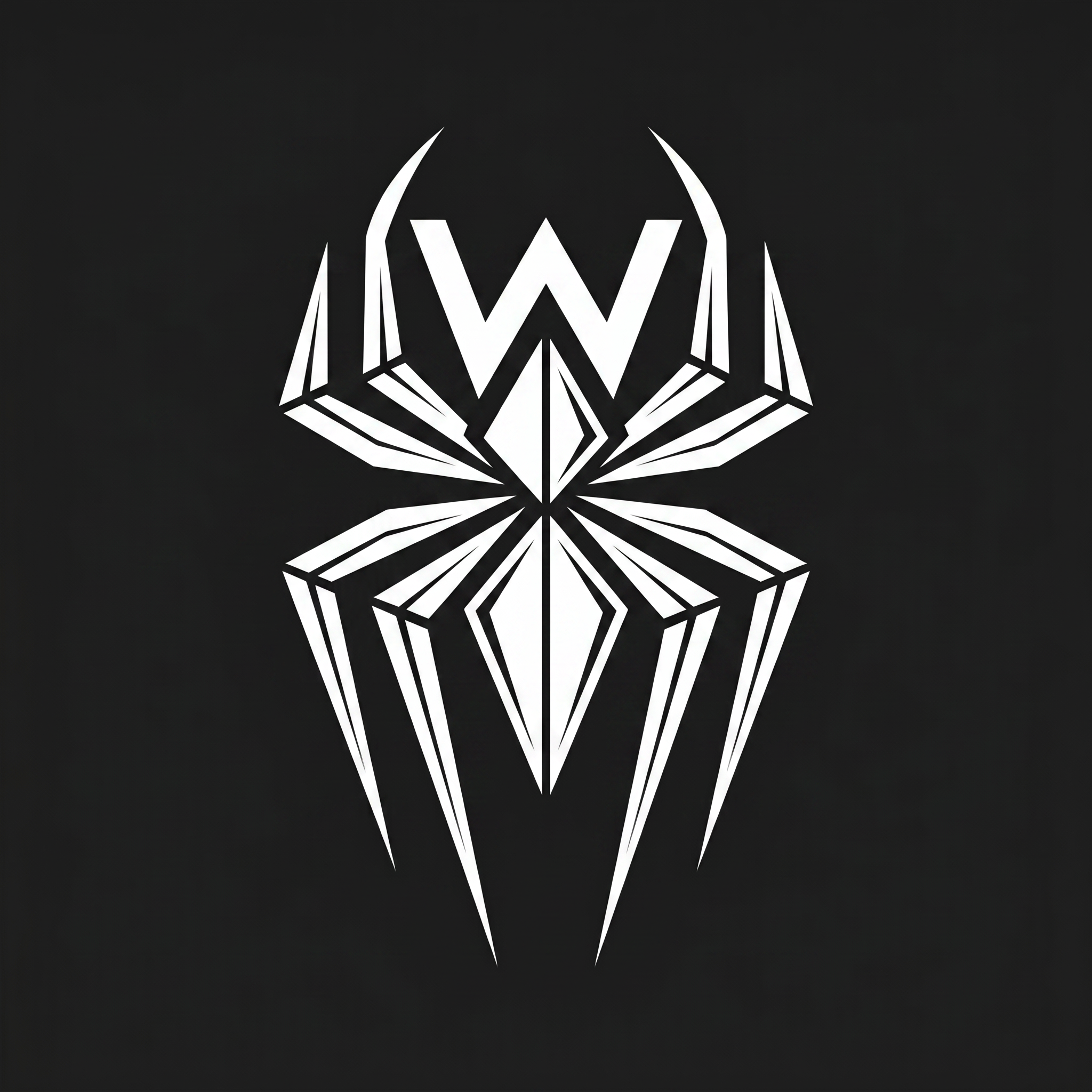 AI Design for Minimalist geometric spider emblem logo, pure white silhouette on solid black background, vector line art style. Spider has six angular legs total (three per side) instead of the traditional eight, each leg made of sharp faceted segments tapering to fine points at the bottom, extending outward and downward like elongated daggers. The body is a sharp angular hourglass/diamond shape (not rounded or teardrop), split at the waist into an upper triangular cephalothorax and a lower elongated diamond abdomen. The top two front legs curve inward and meet to form a clean negative-space letter 'W' between them, integrated naturally into the design as if it's part of the spider's anatomy, not an obvious overlay. High contrast, hard edges, no gradients, no curves except where geometrically necessary, symmetrical balance, flat vector style suitable for a scalable brand mark, modern luxury streetwear aesthetic, centered composition, ample negative space around the figure, no text, no watermark, original character design not based on any existing trademarked logo.