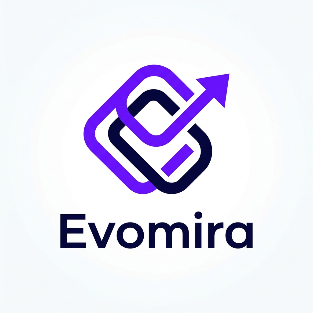 AI Design for A modern and sophisticated logo design for Evomira, an event management software platform. The aesthetic is clean and minimalist, utilizing a vibrant color palette of electric violet and deep navy to convey innovation and seamless coordination. Focus on geometric abstraction or stylized iconography that represents connectivity and event flow, presented against a crisp white background with professional-grade vector clarity.