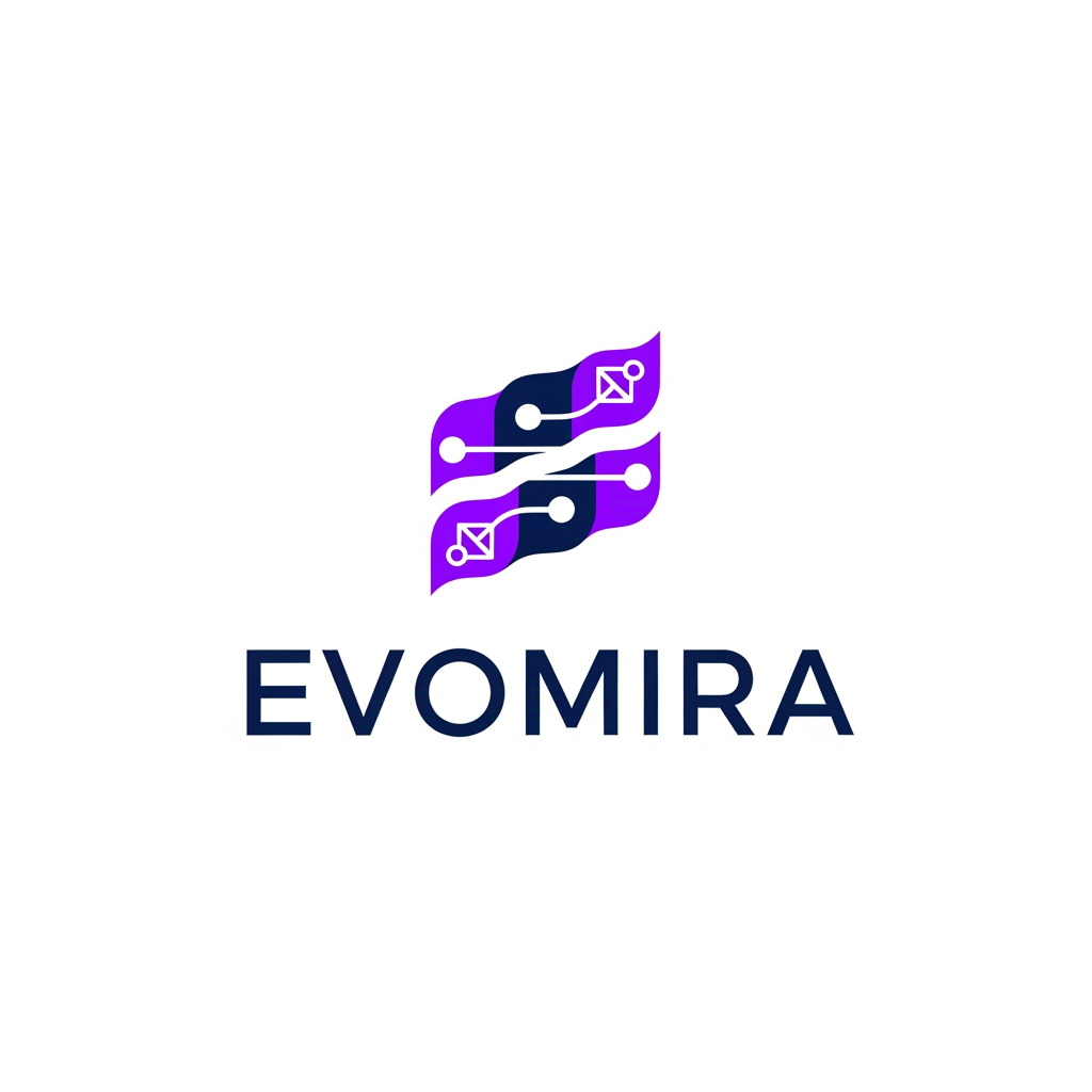 AI Design for A modern and sophisticated logo design for Evomira, an event management software platform. The aesthetic is clean and minimalist, utilizing a vibrant color palette of electric violet and deep navy to convey innovation and seamless coordination. Focus on geometric abstraction or stylized iconography that represents connectivity and event flow, presented against a crisp white background with professional-grade vector clarity.